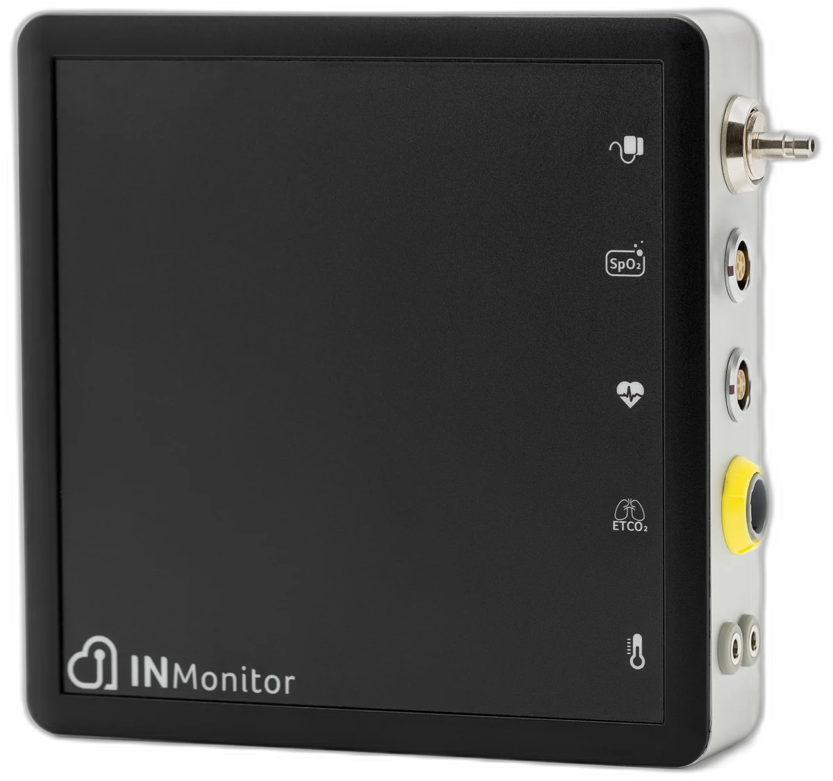 Monitor multiparamétrico veterinário INmonitor com portas de SpO₂, ECG, ETCO₂ e temperatura