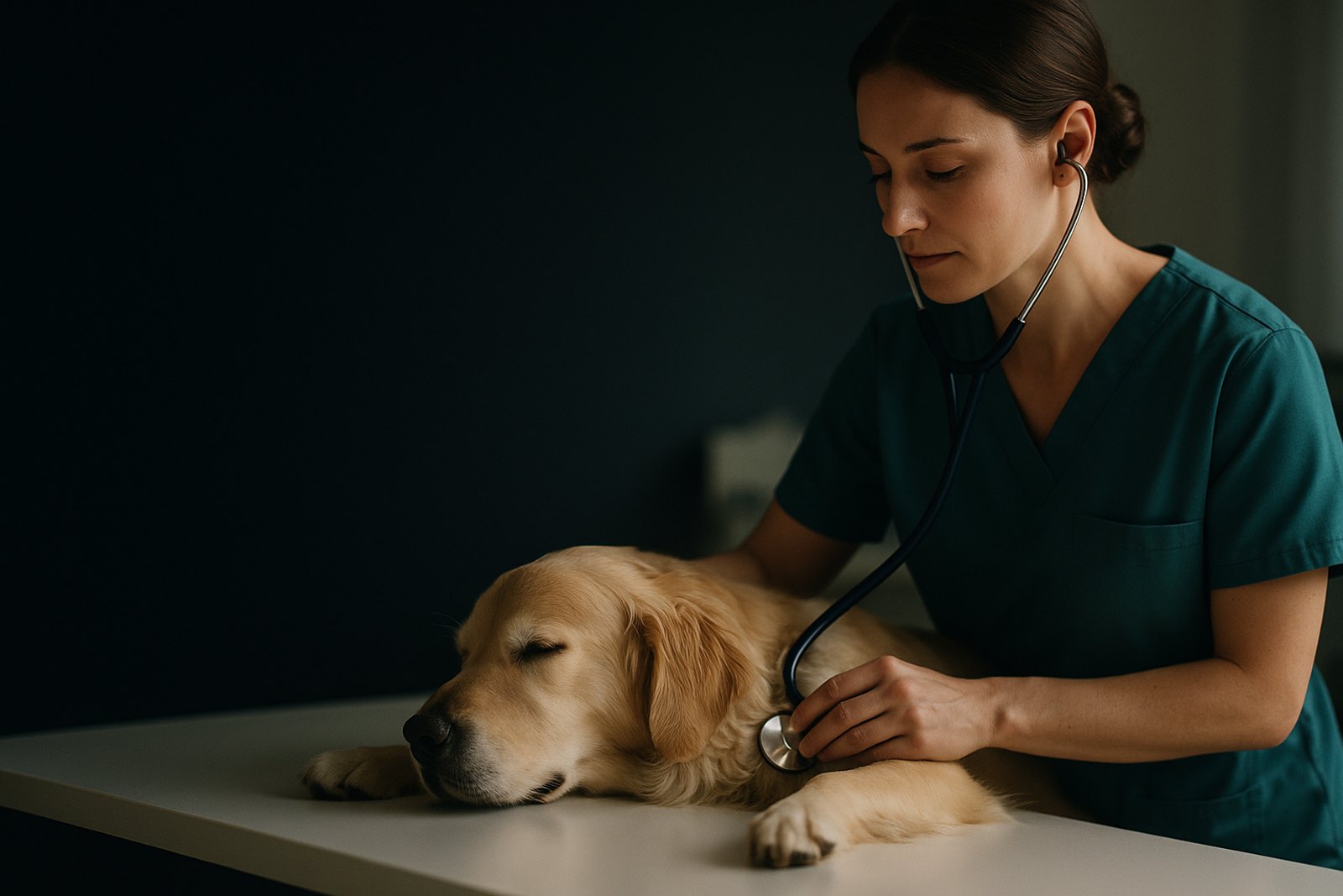 Veterinário cuidando de um cão em consulta cardiológica