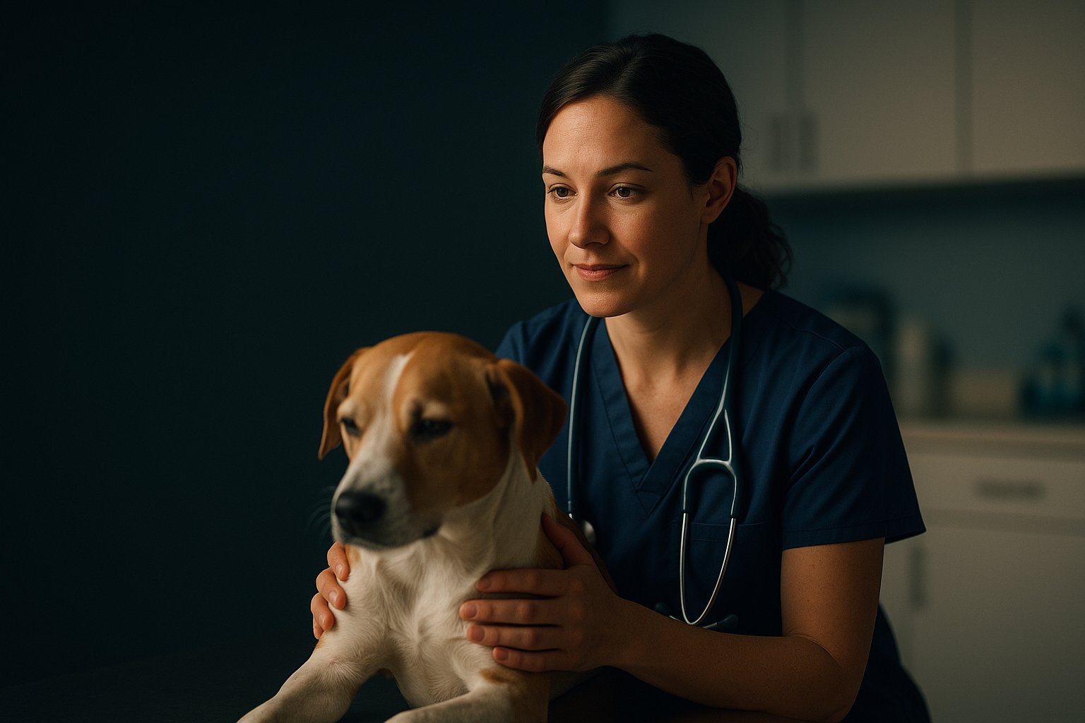 Veterinária acolhendo um cão, pronta para ajudar